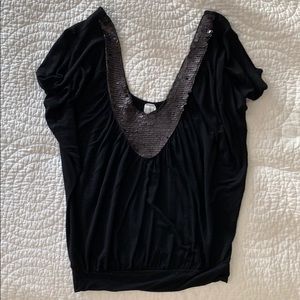 Black sequin plunging neck top